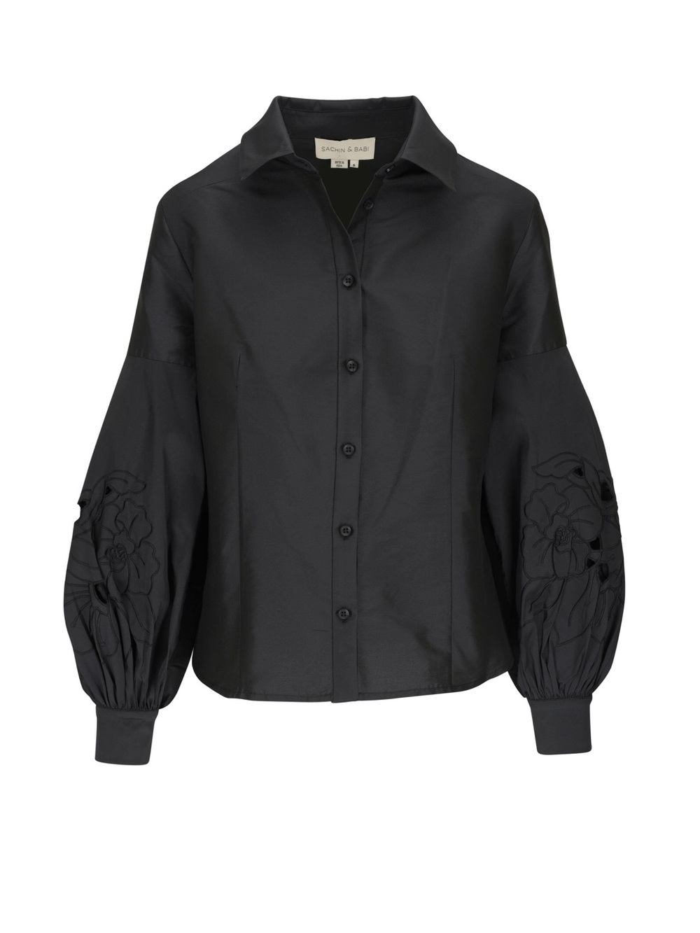 Sachin + Babi Astor Top Black Button-Down Blouse with Embroidered Balloon Sleeve